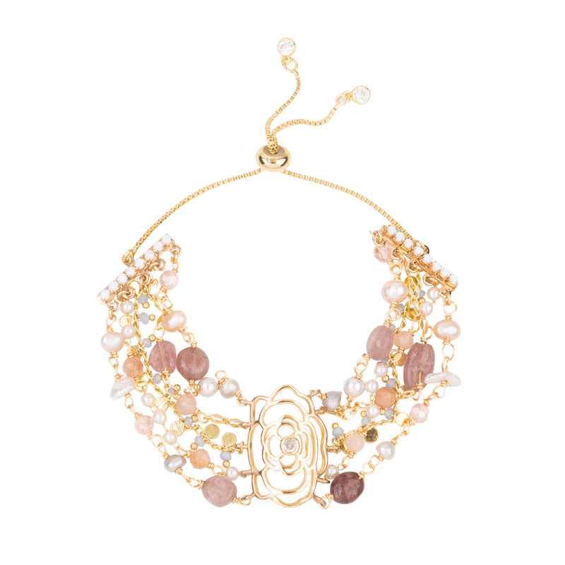 Rose Quartz & Floral Beaded Bracelet (Cindy Selected)