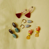 ORANGE RESIN YELLOW JADE AND AGATE EARRINGS