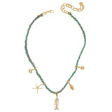 GOLDEN SEA CHARM TEAL BEADED NECKLACE