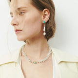 DOUBLE WHITE PEARL TURQUOISE DROP EARRINGS