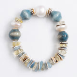 TEAL WHITE BEADED STRETCHY BRACELET