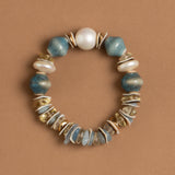 TEAL WHITE BEADED STRETCHY BRACELET