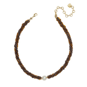 AMBER BEADS TWIST WITH PEARL NECKLACE (PRE-ORDER TAKES 15 DAYS)