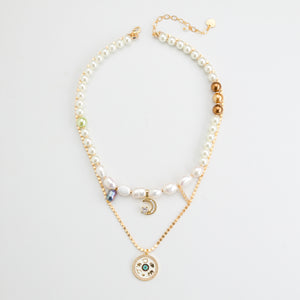 DOUBLE LAYERED PEARL CHARM NECKLACE
