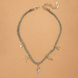 GOLDEN SEA CHARM TEAL BEADED NECKLACE