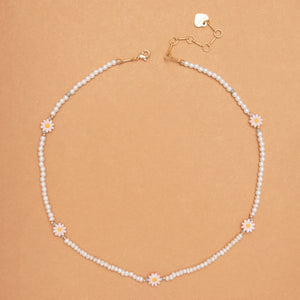 PINK WHITE FLOWER BEADED NECKLACE