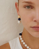 WHITE PEARL AND LAPIS SHORT DROP EARRINGS