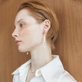 ELONGATED WHITE PEEARL DROP LONG EARRINGS