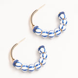 BLUE WHITE BEADED HALF HOOP EARRINGS