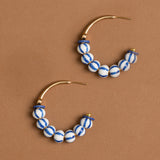 BLUE WHITE BEADED HALF HOOP EARRINGS