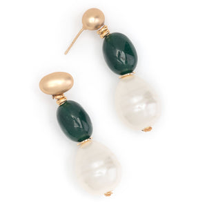 WHITE PEARL GREEN DROP EARRINGS