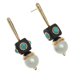 GEOMETRICAL TURQUOISE PEARL DROP EARRINGS