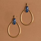 BLUE STONE GOLD FRAME OVAL EARRINGS