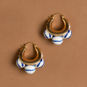 TRIPLE WHITE BLUE BEAD HINGE BACK EARRINGS