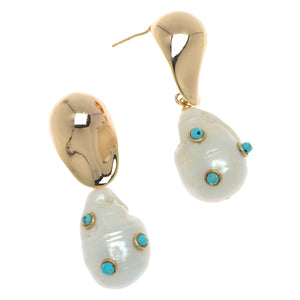 BAROQUE PEARL TURQUOISE EMBED GOLD DROP EARRINGS