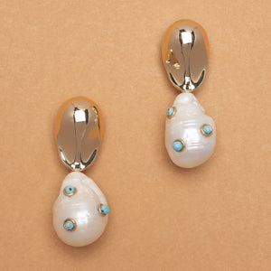 BAROQUE PEARL TURQUOISE EMBED GOLD DROP EARRINGS