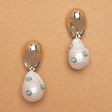 BAROQUE PEARL TURQUOISE EMBED GOLD DROP EARRINGS