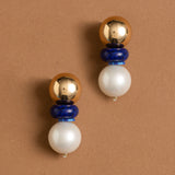 WHITE PEARL AND LAPIS SHORT DROP EARRINGS