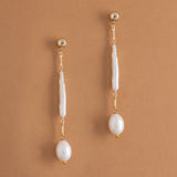 ELONGATED WHITE PEEARL DROP LONG EARRINGS