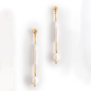 ELONGATED WHITE PEEARL DROP LONG EARRINGS