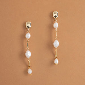 TRIPLE PEARL BEAD LONG DROP EARRINGS