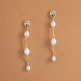 TRIPLE PEARL BEAD LONG DROP EARRINGS