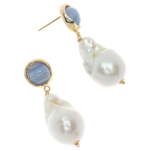 WHITE BAROQUE PEARL BLUE STUD EARRINGS