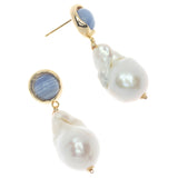 WHITE BAROQUE PEARL BLUE STUD EARRINGS