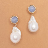 WHITE BAROQUE PEARL BLUE STUD EARRINGS