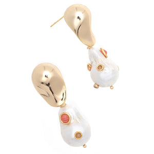WHITE PEARL PEACH GOLD DROP EARRINGS