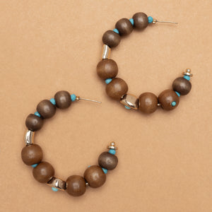 BROWN TURQUOISE HALF HOOP BEADED EARRINGS