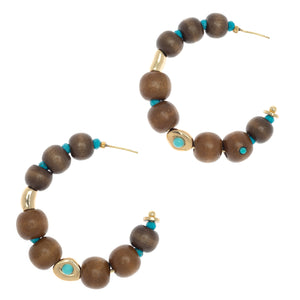 BROWN TURQUOISE HALF HOOP BEADED EARRINGS