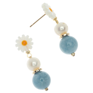 BLUE AND PEARL FLORAL DROP EARRINGS