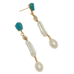DOUBLE WHITE PEARL TURQUOISE DROP EARRINGS