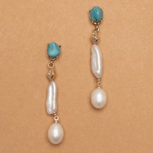 DOUBLE WHITE PEARL TURQUOISE DROP EARRINGS