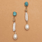 DOUBLE WHITE PEARL TURQUOISE DROP EARRINGS
