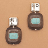 FLAT SQUARE BROWN TURQUOISE GOLD EARRINGS
