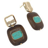 FLAT SQUARE BROWN TURQUOISE GOLD EARRINGS