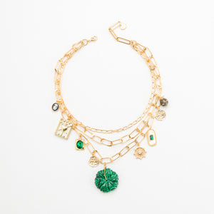 EMERALD GOLD LINK CHARM STATEMENT NECKLACE