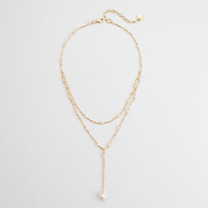 GOLD CHAIN PEARL LAYER LARIAT NECKLACE
