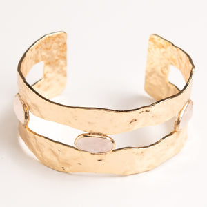 ROSE QUARTZ STUD HAMMERED GOLD CUFF