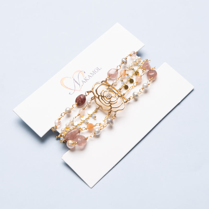 Rose Quartz & Floral Beaded Bracelet (Cindy Selected)