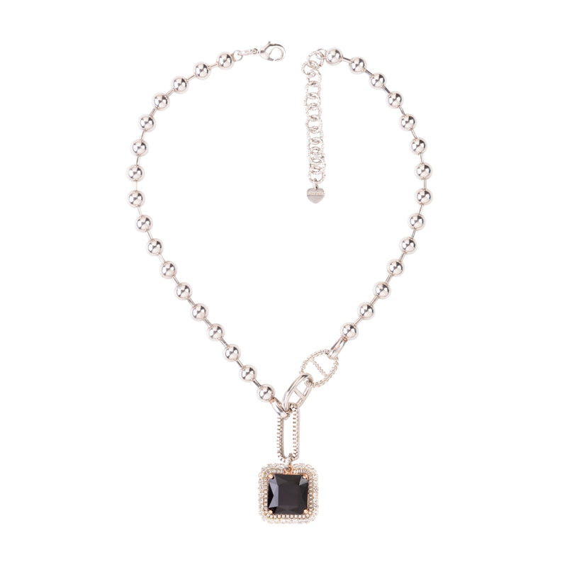 SILVER BALL CHAIN BLACK CRYSTAL PENDANT NECKLACE  (Cindy Selected)