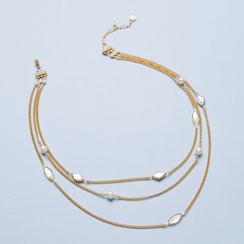 PEARL TRI-LAYER GOLD CHAIN NECKLACE (Cindy Selected)
